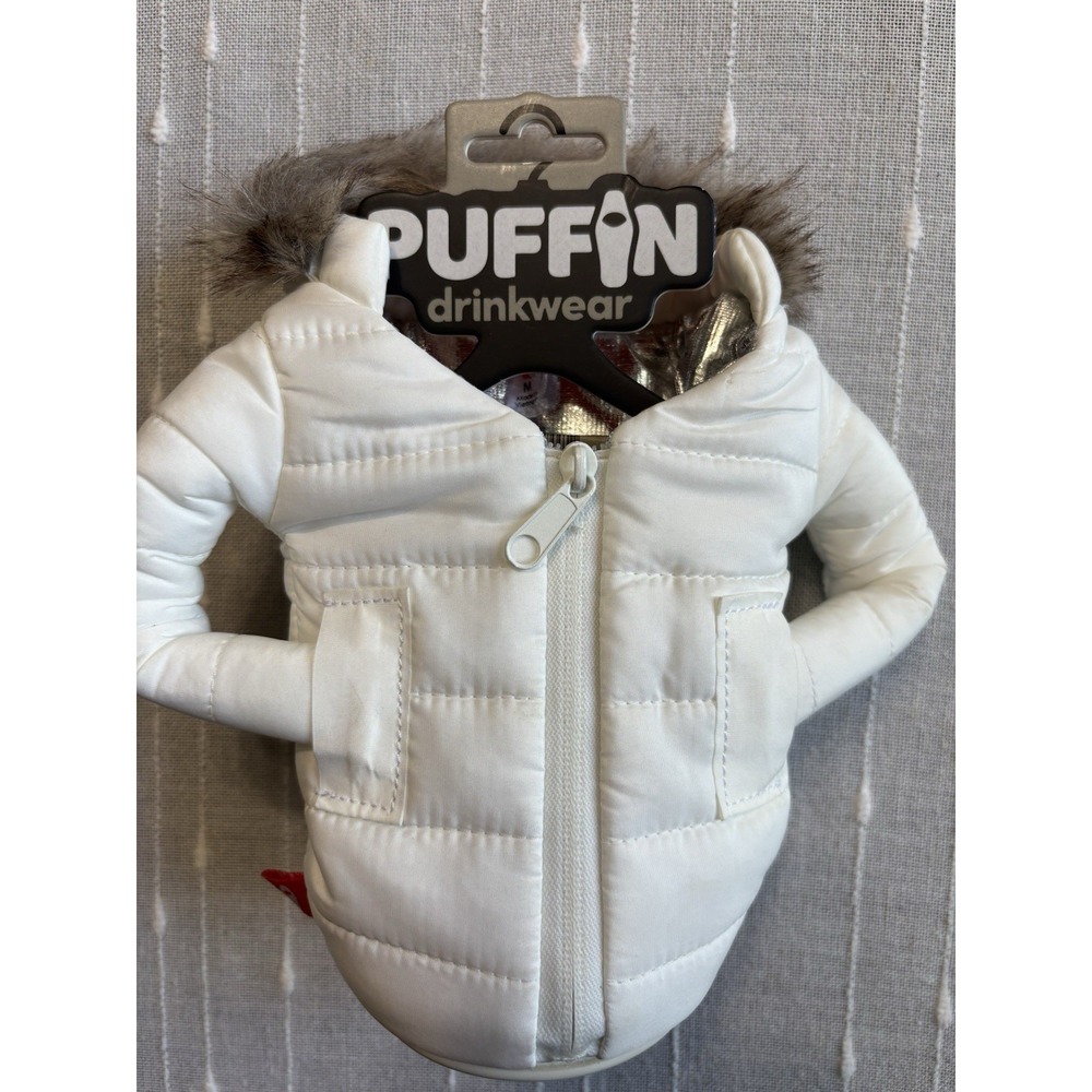 NWT Puffin Drinkwear White Puffer " The Pahka" Jacket Can Cooler Faux Fur Hood